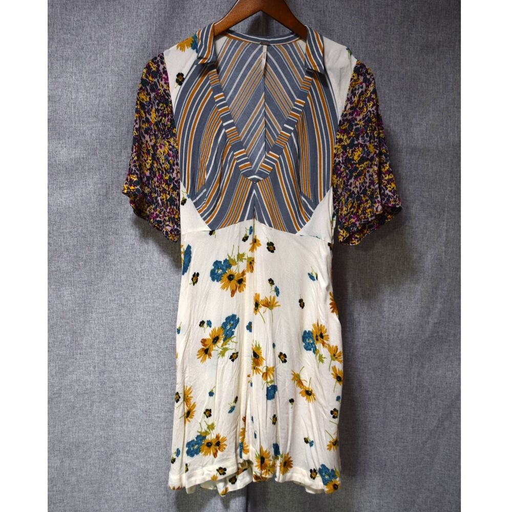 Free People Mixed Print Mini Dress Floral Striped Boho Short Sleeve Size 4